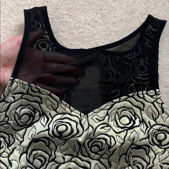 Black and Gold Rose Patterned Peplum Midi Dress - Picture 2 of 5